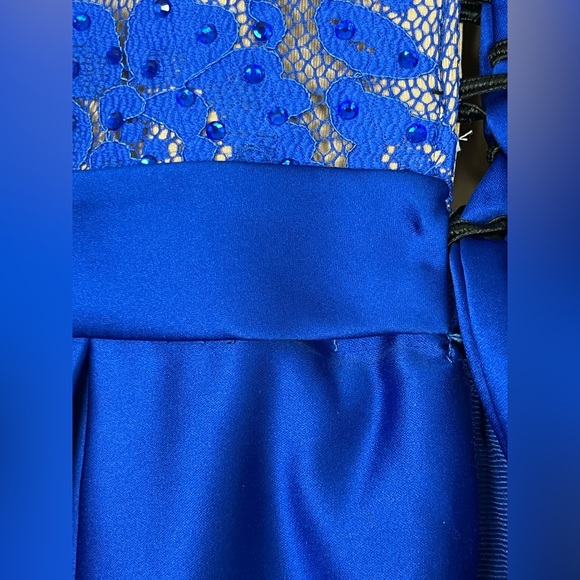 Jovani Blue Lace High Neck Lace Bodice Satin Long Dress Corset Back - Picture 8 of 16